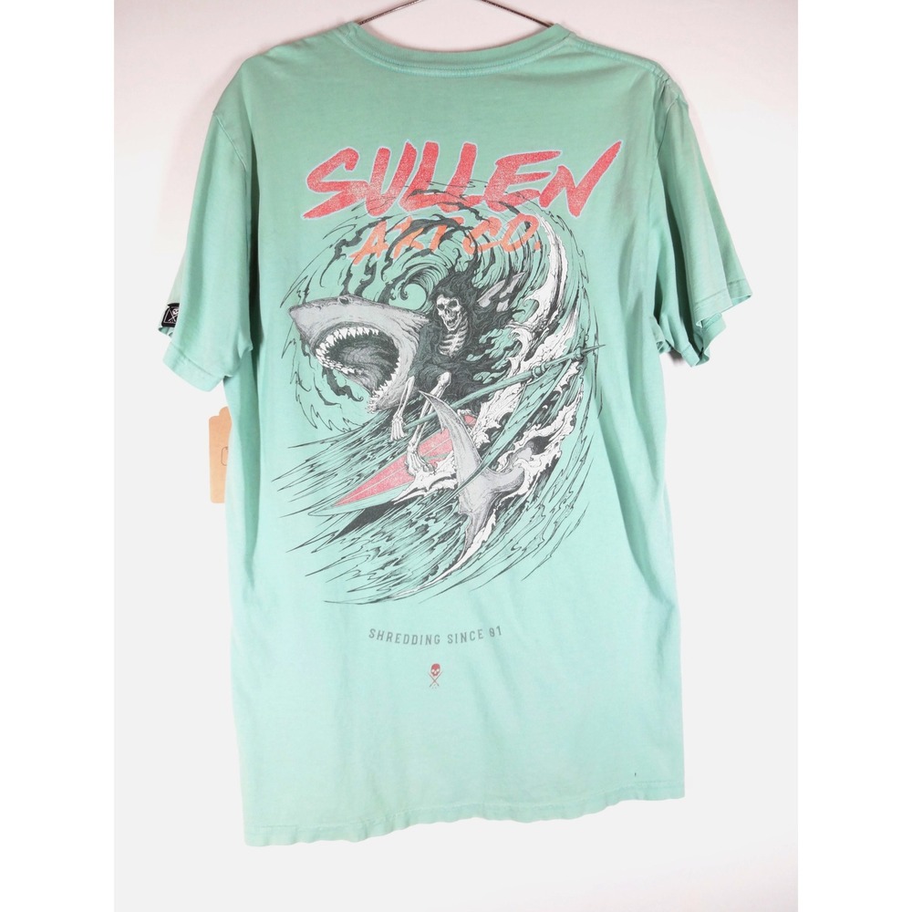 Sullen Art Collective Graphic Tee Mens L Mint Green Reaper Shark Tattoo Skater